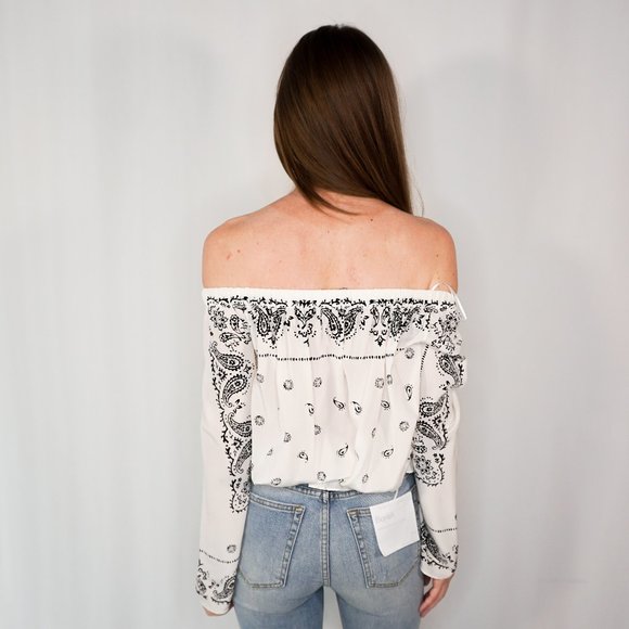 THEORY Off Shoulder Paisley Chiffon Blouse White - Picture 3 of 6